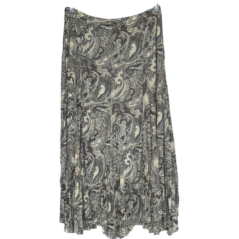 Vintage Y2K Green Paisley Print Mesh Stretchy Midi Skirt Womens Large Earthtones